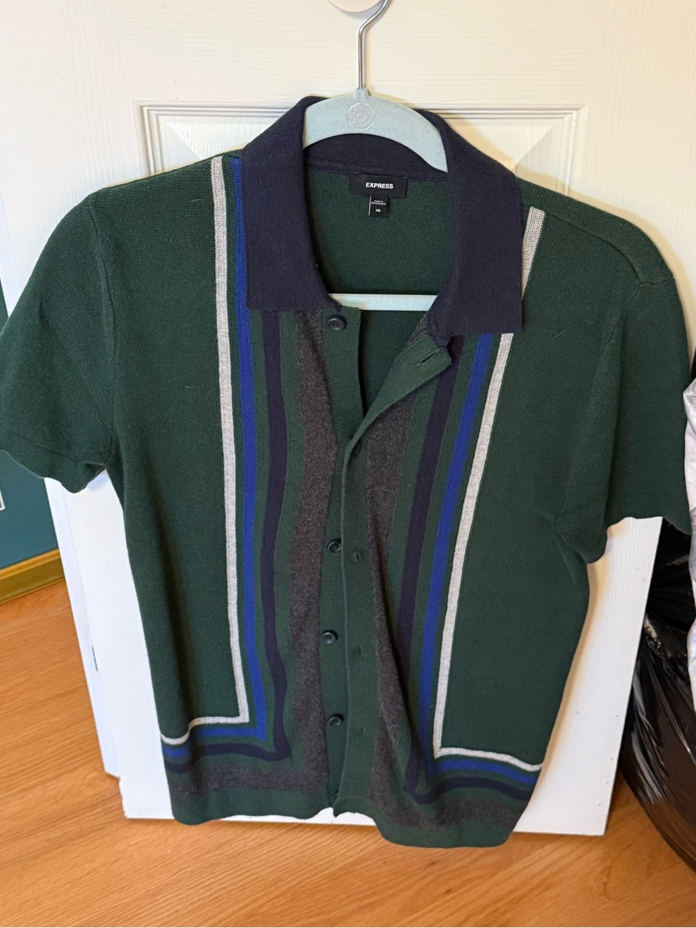 Express Men’s XS Knit Polo Shirt | Green Striped Button Front | Retro Bowling